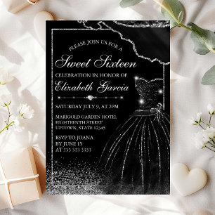 Black Watercolor Dress & Silver Glam Edge Sweet 16 Invitation