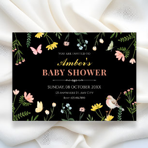 Black Watercolor floral spring baby shower Invitation