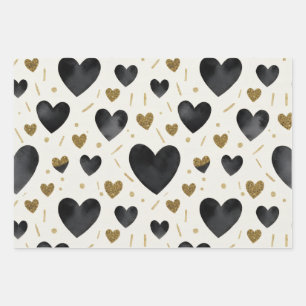 Black Watercolor & Gold Glitter Hearts Wrapping Paper Sheet