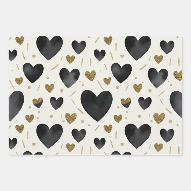 Black Watercolor & Gold Glitter Hearts Wrapping Paper Sheet (Front)