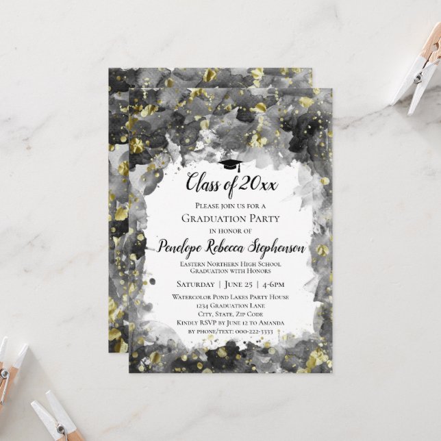 Black Watercolor Gold Splatter Graduation Party Invitation (Front/Back In Situ)