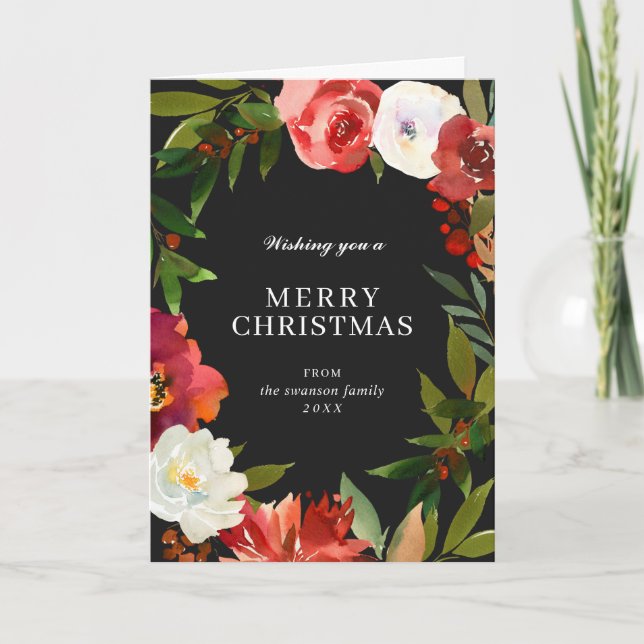 Black Watercolor Greenery Wreath Christmas Holiday Card (Front)