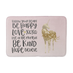Black Watercolor Inspirational Gold Unicorn Bath Mat