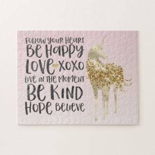 Black Watercolor Inspirational Gold Unicorn Jigsaw Puzzle