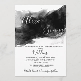 Black watercolor moody wedding invitation