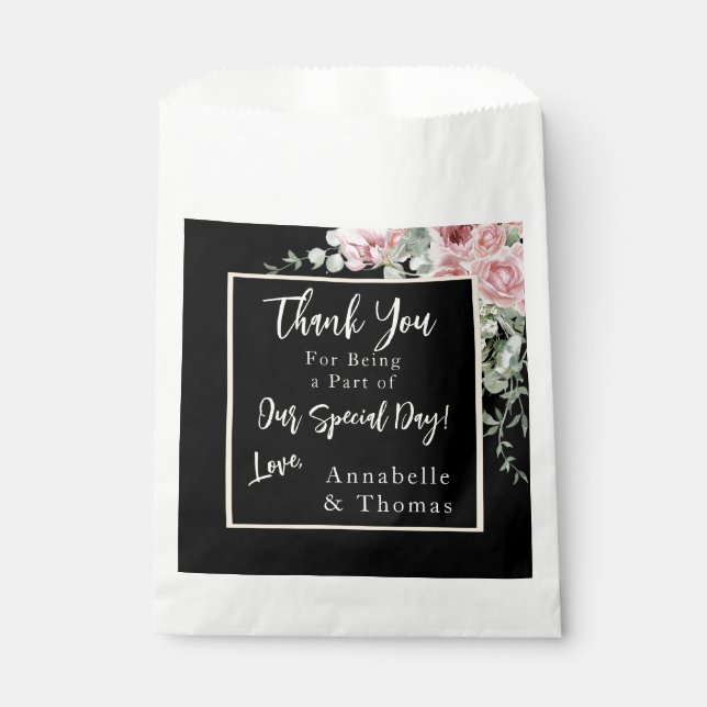 Black Watercolor Pink Floral Wedding Favour Bag (Front)