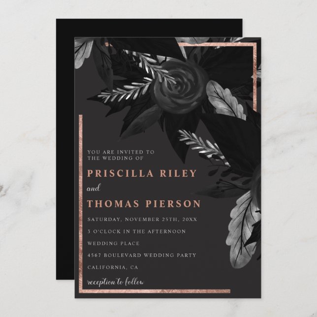 Black watercolor rose gold floral wedding invitation (Front/Back)