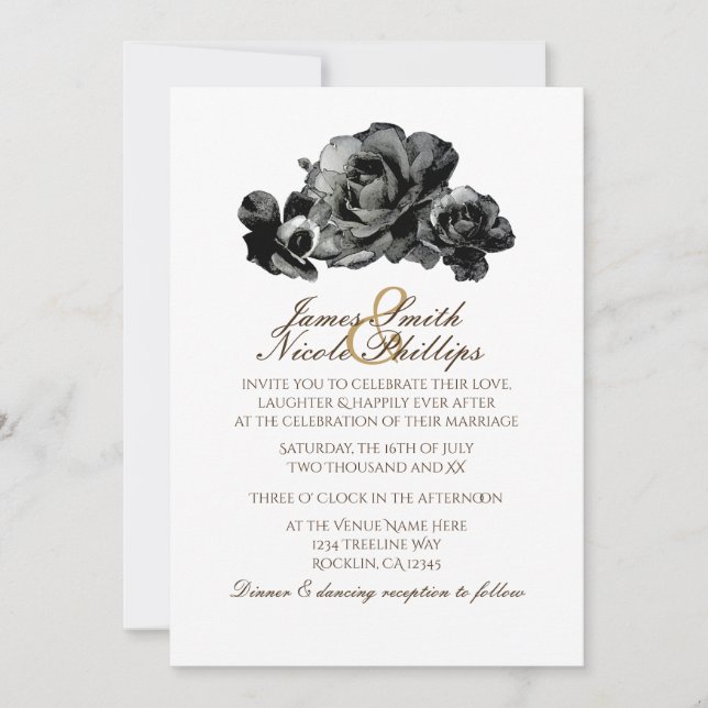 Black Watercolor Roses Élégant mariage Invitations (Devant)