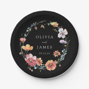 Black Watercolor Wildflower Wedding Paper Plate