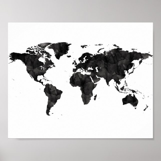 Black Watercolor World Map Grunge Art Travel Poster (Front)