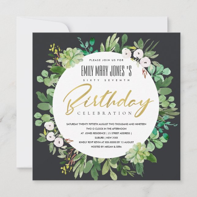 BLACK  WATERCOLOR WREATH FOLIAGE ANY AGE BIRTHDAY INVITATION (Front)
