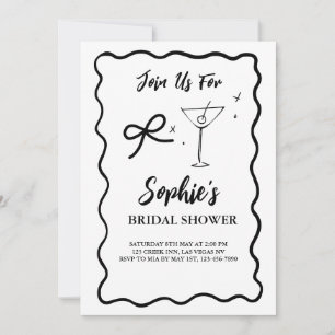 Black Wavy Retro Bridal Shower, Martini Bow Tie Invitation