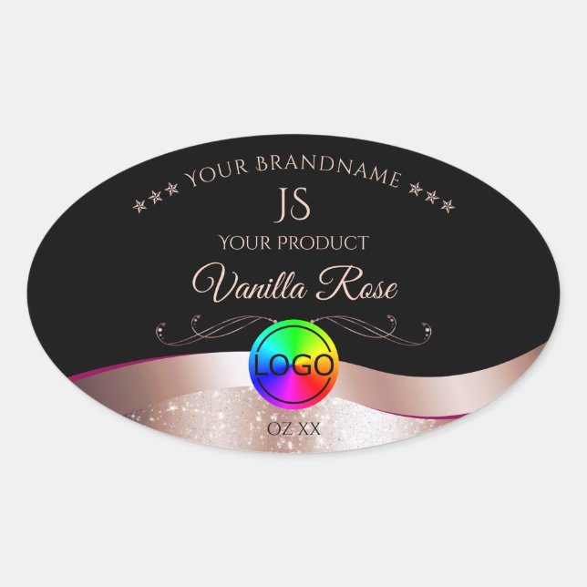 Black Wavy Rose Gold Logo Monogramme Étiquette pro (Devant)