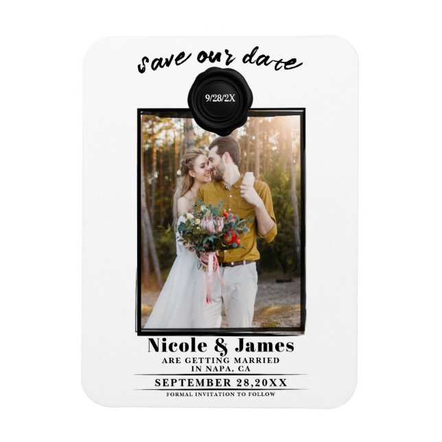 Black Wax Seal Photo Wedding Save the Date Magnet (Vertical)