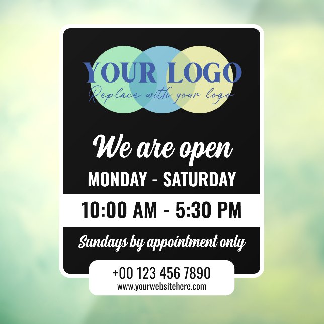 Black We Are Open Hours With Your Logo Window Cling (Sheet 3)