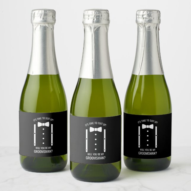 Black Wedding Bow Tie Groomsman Proposal Sparkling Wine Label (Bottles)