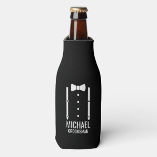 Black Wedding Bow Tie Personalized Groomsmen Bottle Cooler