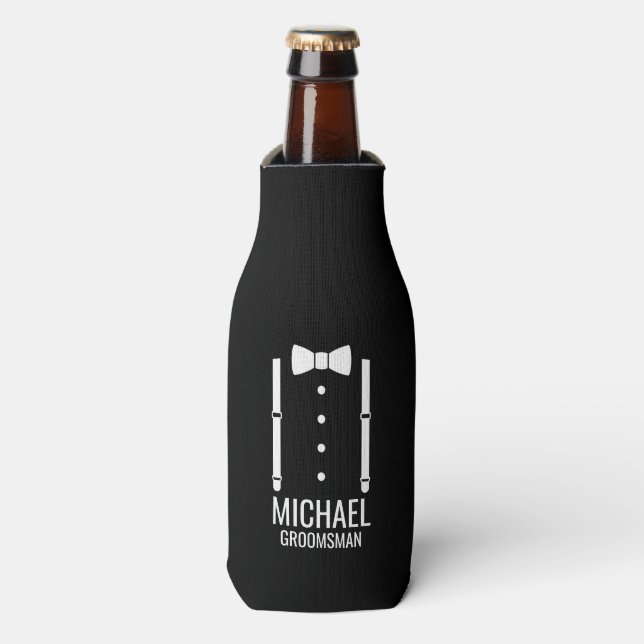 Black Wedding Bow Tie Personalized Groomsmen Bottle Cooler (Bottle Front)