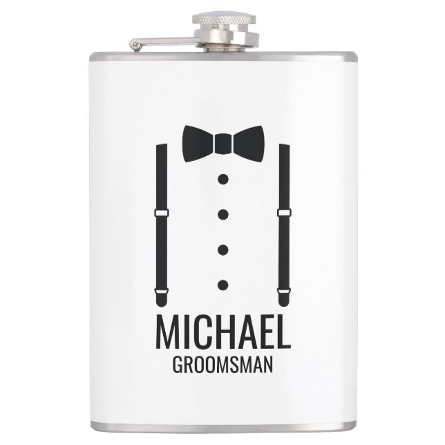 Black Wedding Bow Tie Personalized Groomsmen Hip Flask (Front)