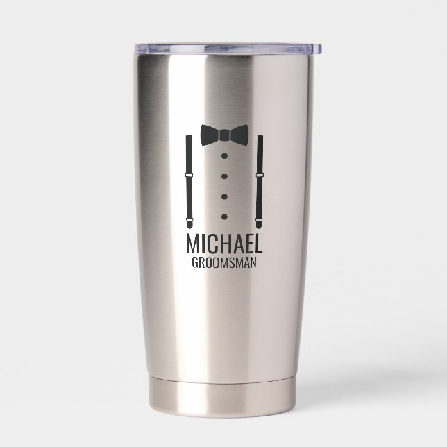 Black Wedding Bow Tie Personalized Groomsmen Insulated Tumbler (Left)
