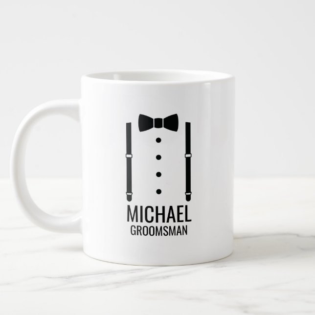Black Wedding Bow Tie Personalized Groomsmen Large Coffee Mug (Left)
