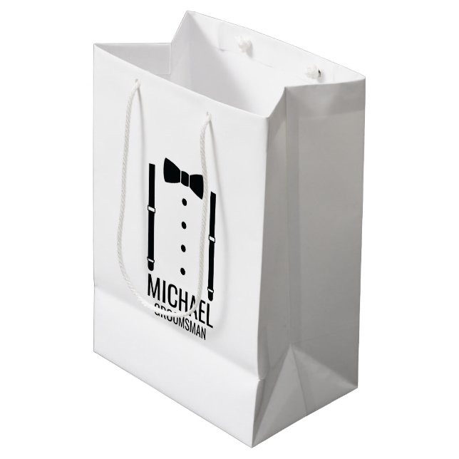 Black Wedding Bow Tie Personalized Groomsmen Medium Gift Bag (Front Angled)
