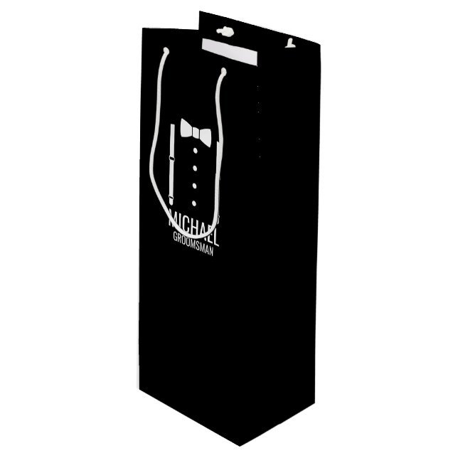 Black Wedding Bow Tie Personalized Groomsmen Wine Gift Bag (Front Angled)