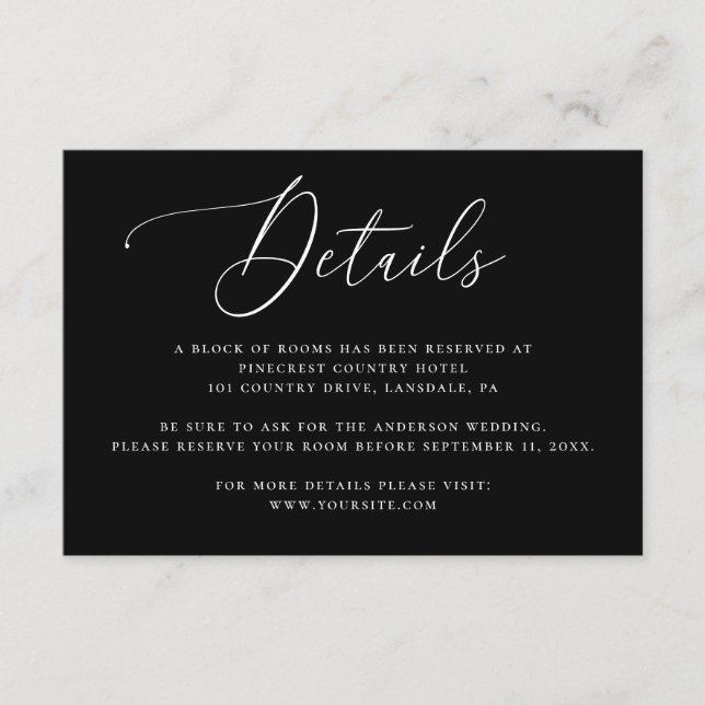 Black Wedding Details Insert | Elegant Script (Front)