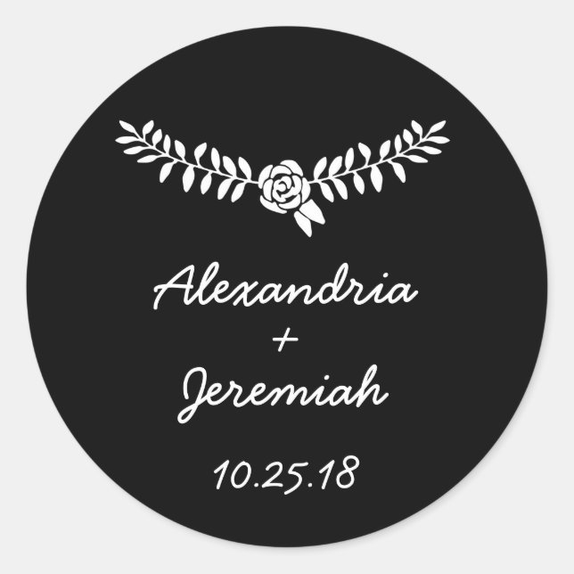 Black wedding favour round stickers floral vine (Front)