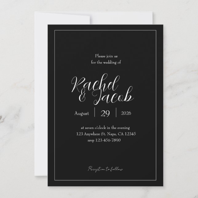 Black Wedding Invitation Customizable White Text (Front)