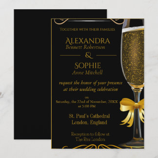 Black Wedding Invitation with Gold Champagne Glass