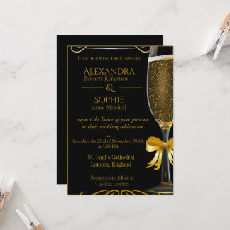 Black Wedding Invitation with Gold Champagne Glass