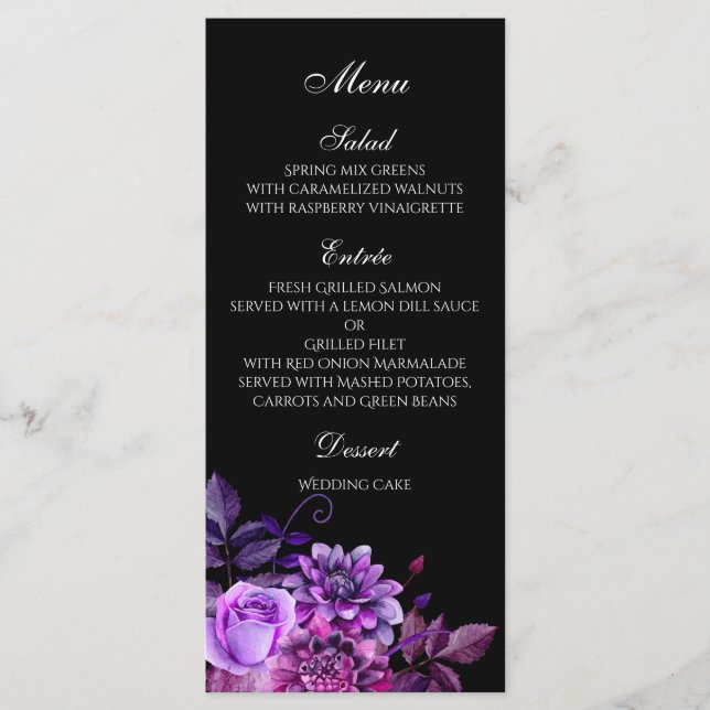 Black wedding menu. Purple floral dinner menu (Front)