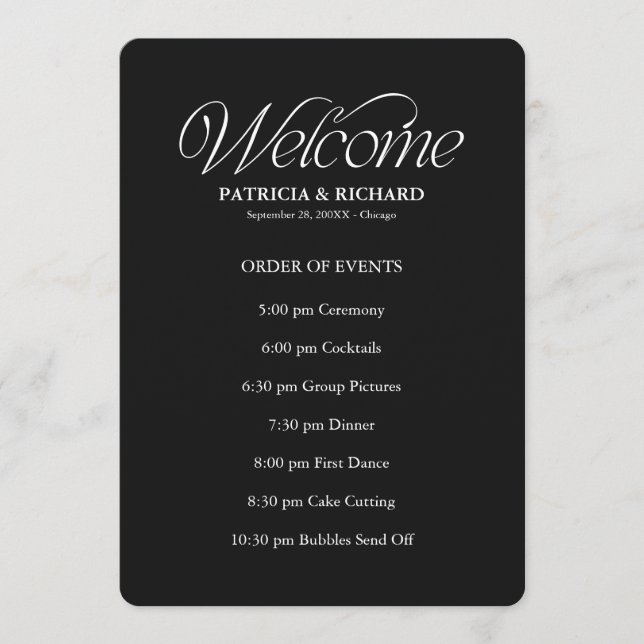 Black Wedding Order of Events Timeline Schedule Program (Front)