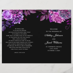 Black wedding program folded. Purple flowers