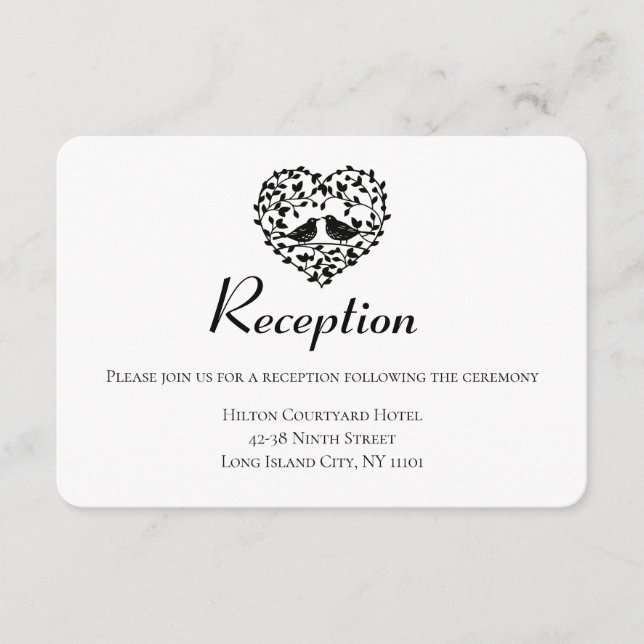Black Wedding Reception Lovebirds Floral Heart Enclosure Card (Front)