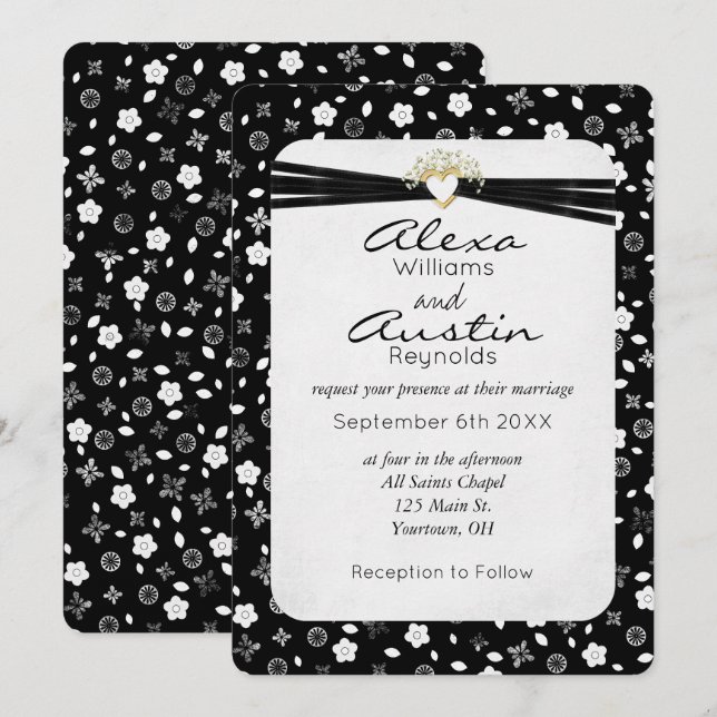 Black Wedding Ribbon in Gold Heart  Invitation (Front/Back)