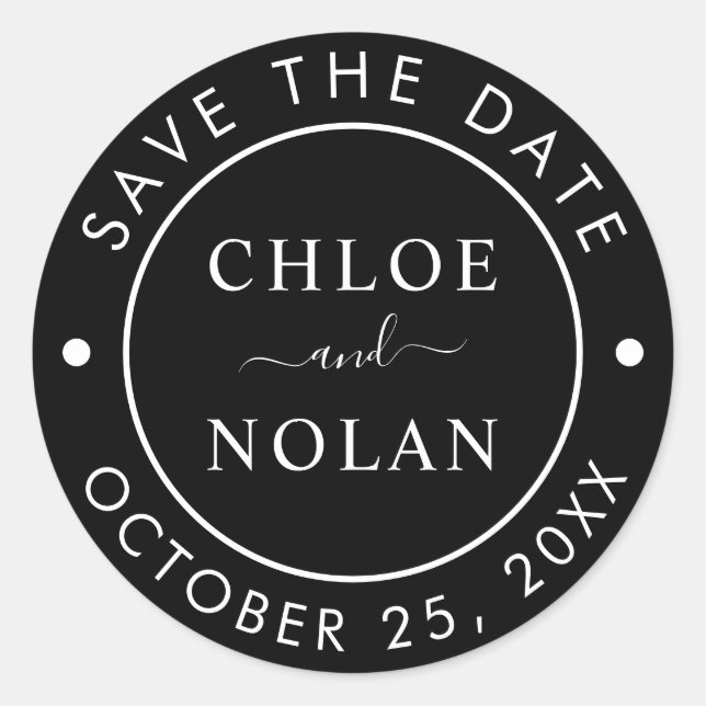 Black Wedding Save the Date Modern Script Classic Round Sticker (Front)