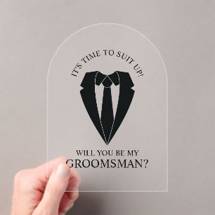 Black Wedding Suit and Tie Groomsman Proposal Acrylic Invitations