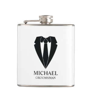 Black Wedding Suit and Tie Personalized Groomsmen Hip Flask