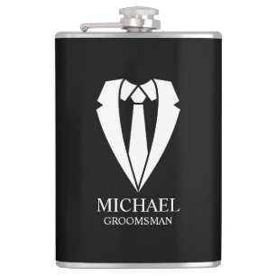 Black Wedding Suit and Tie Personalized Groomsmen Hip Flask