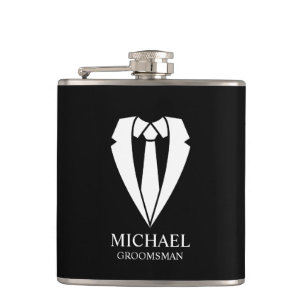 Black Wedding Suit and Tie Personalized Groomsmen Hip Flask