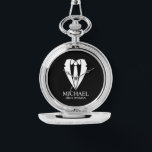 Black Wedding Suit and Tie Personalized Groomsmen Watch<br><div class="desc">Make Your Wedding Unforgettable – Add a personal touch with a custom groomsmen gift
featuring a suit and tie illustration with a personalized groomsman's name and title in a classic serif font.

 A perfect keepsake for your groomsmen,  best man,  father of the bride,  and more!</div>