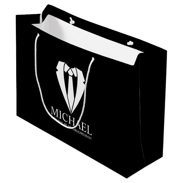 Black Wedding Suit Personalized Groomsman Proposal Large Gift Bag (Front Angled)