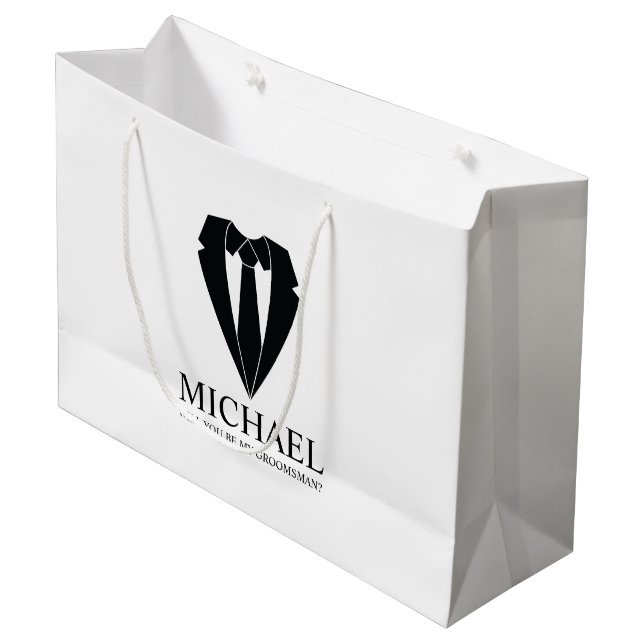 Black Wedding Suit Personalized Groomsman Proposal Large Gift Bag (Front Angled)