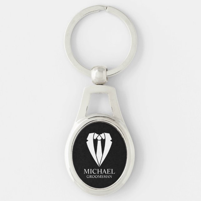 Black Wedding Suit Personalized Groomsmen Keychain (Front)