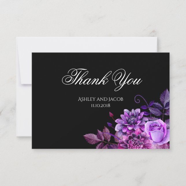Black wedding thank you Floral note Purple flowers (Front)