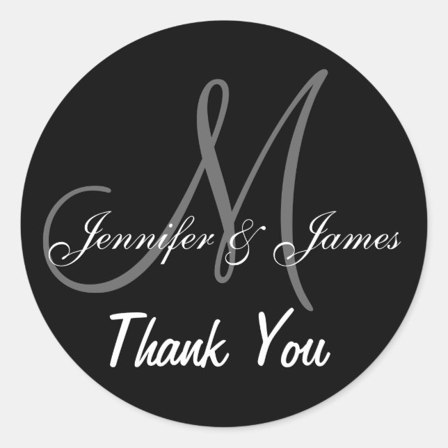 Black Wedding Thank You Monogram Names Classic Round Sticker (Front)