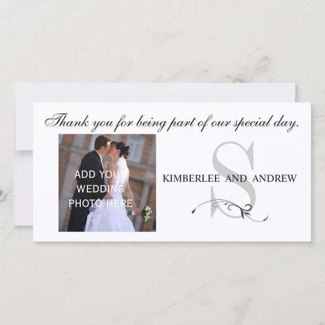 Black Wedding Thank You Monogram Names Photo Card (Front)