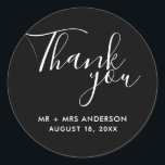 Black Wedding Thank You Wedding Favour  Classic Round Sticker<br><div class="desc">Wedding favour stickers in black and white. Say thank you to your wedding guests with these personalized wedding stickers in a gorgeous script font that read: Thank you. Personalize with your names and wedding date.</div>